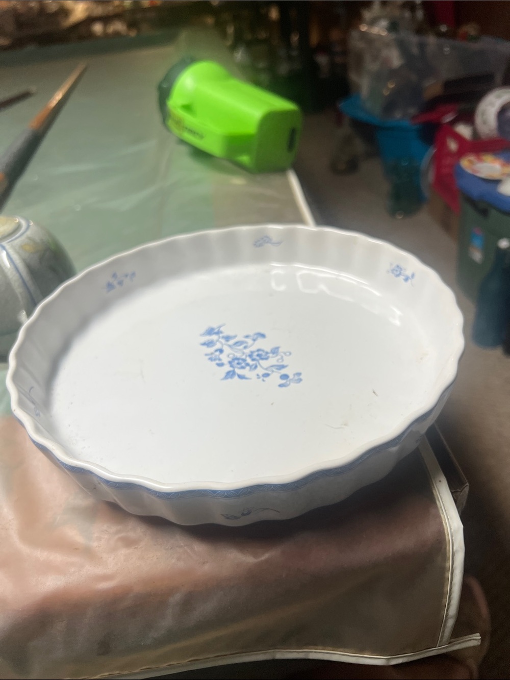 Vintage White Ceramic Scalloped Serving Dish with Blue Floral Motif